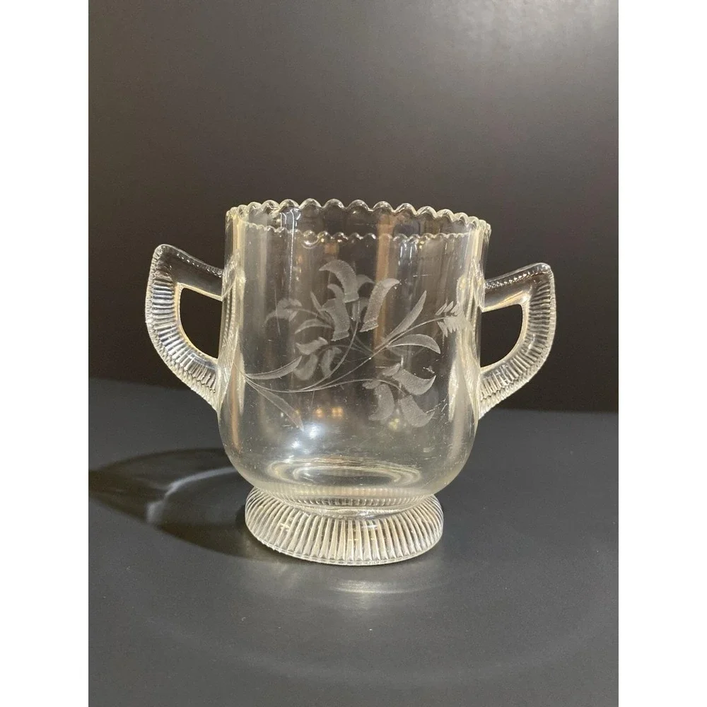 Vintage Greentown Clear‎ Pleat Band Pattern Two Handled Spooner Etched Leaf RARE